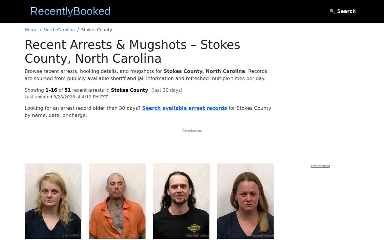 Unofficial Stokes County recent arrest index example